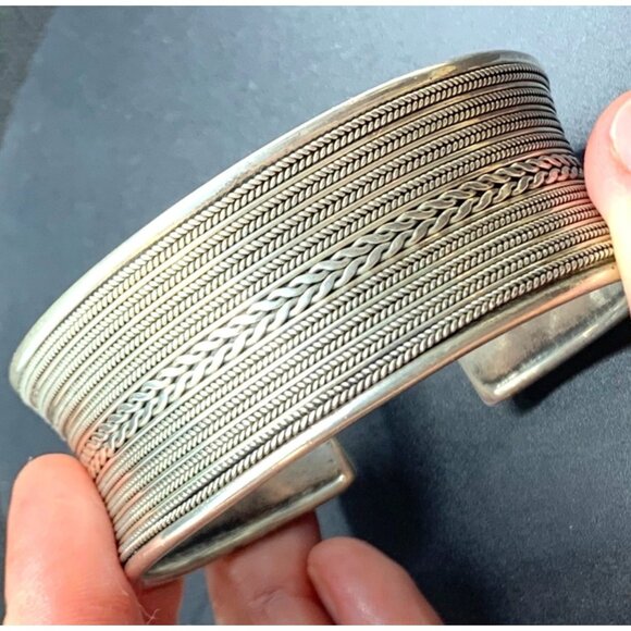 VTG Sterling Silver 925 Textured Twist Rope Design Cuff Bracelet Size 1.25" Wide - Picture 13 of 15